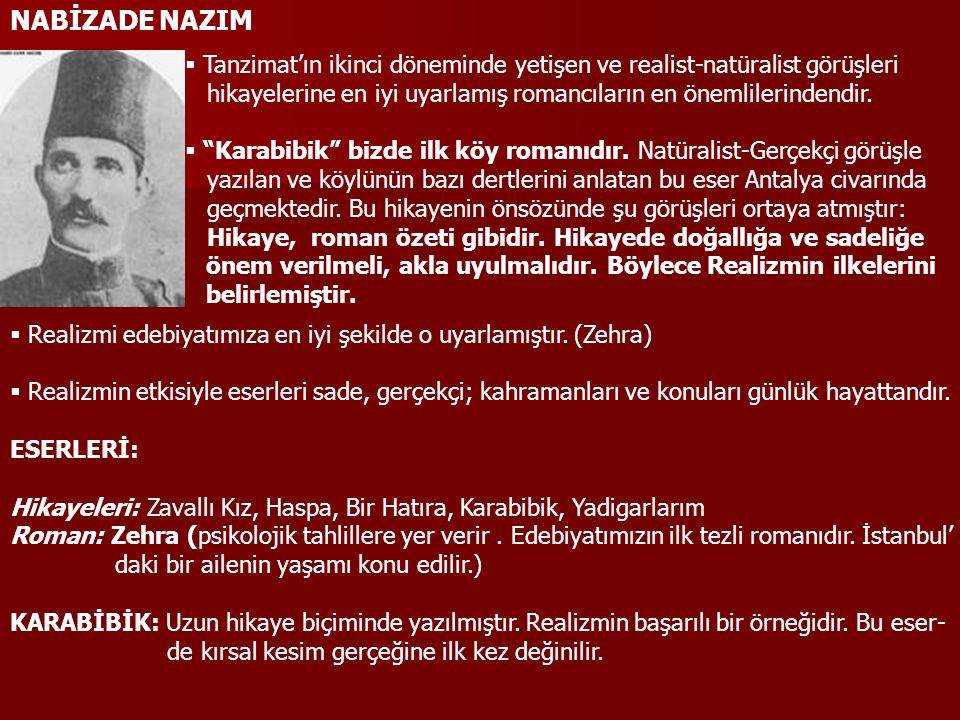 NABİZADE NAZIM Tanzimat’ın ikinci döneminde yetişen ve realist-natüralist görüşleri.