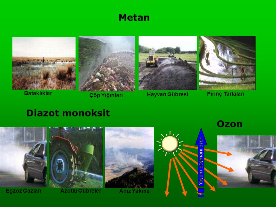 Metan Diazot monoksit Ozon Çöp Yığınları Hayvan Gübresi