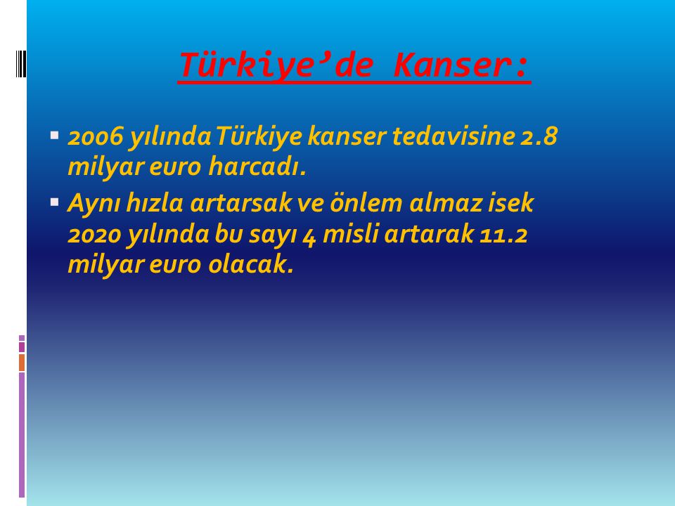 Türkiye’de Kanser: 2006 yılında Türkiye kanser tedavisine 2.8 milyar euro harcadı.
