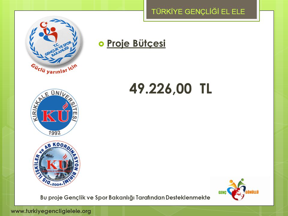 49.226,00 TL Proje Bütçesi TÜRKİYE GENÇLİĞİ EL ELE