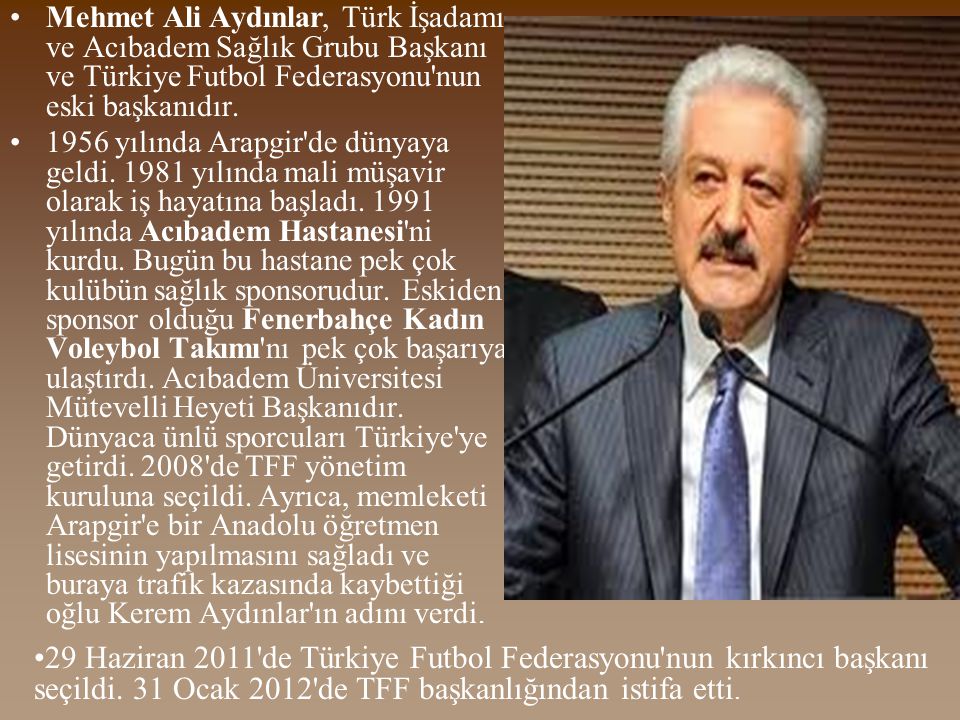 Mehmet Ali Aydınlar, Türk İşadamı ve Acıbadem Sağlık Grubu Başkanı ve Türkiye Futbol Federasyonu nun eski başkanıdır.