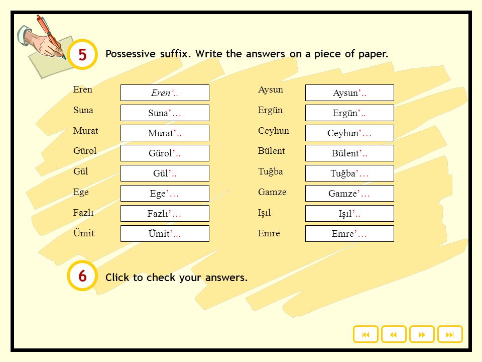 5 6 Possessive suffix. Write the answers on a piece of paper.
