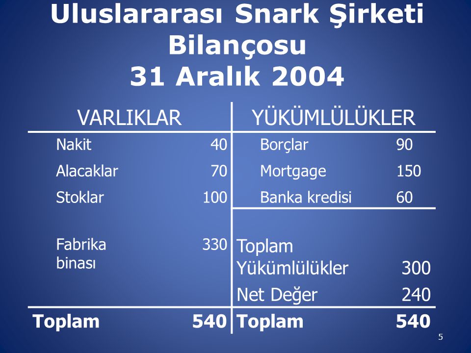 Uluslararası Snark Şirketi Bilançosu 31 Aralık 2004