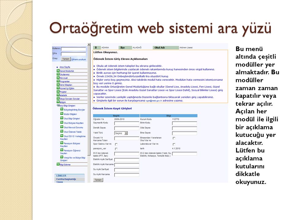 Ortaöğretim web sistemi ara yüzü