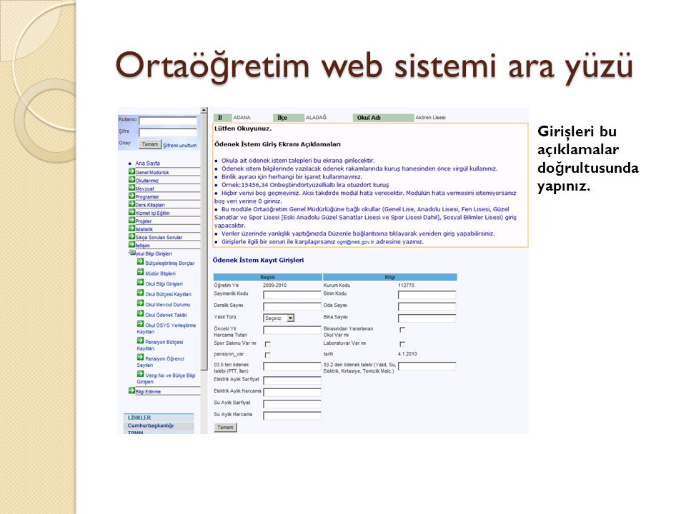 Ortaöğretim web sistemi ara yüzü