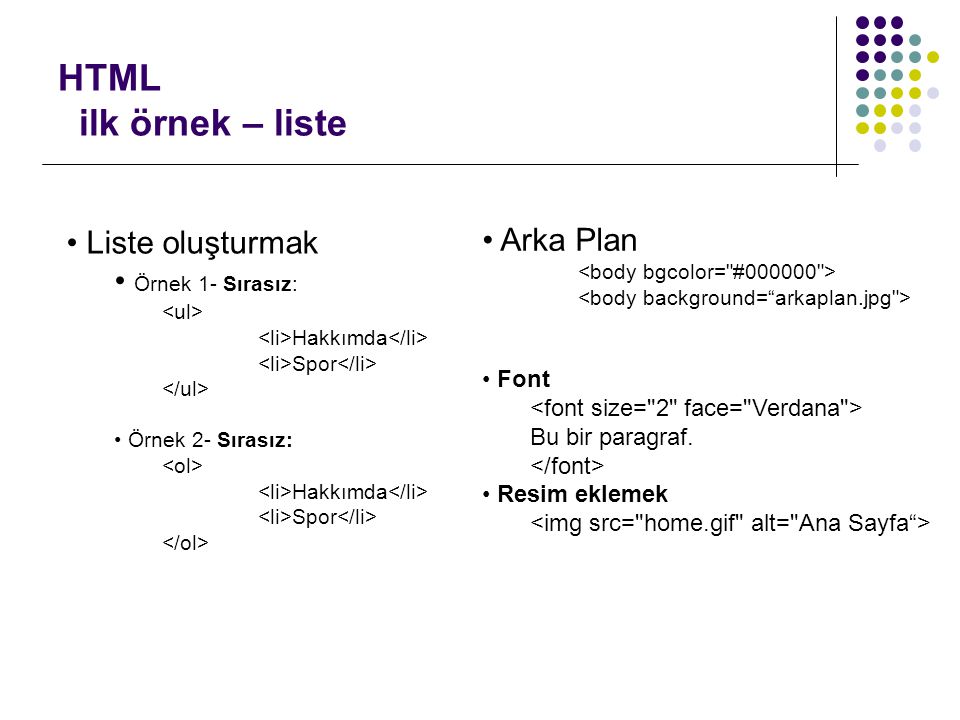 HTML ilk örnek – liste Liste oluşturmak Arka Plan Örnek 1- Sırasız: