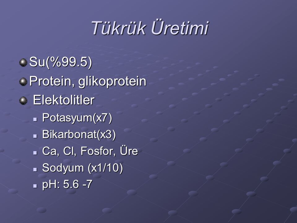 Tükrük Üretimi Su(%99.5) Protein, glikoprotein Elektolitler
