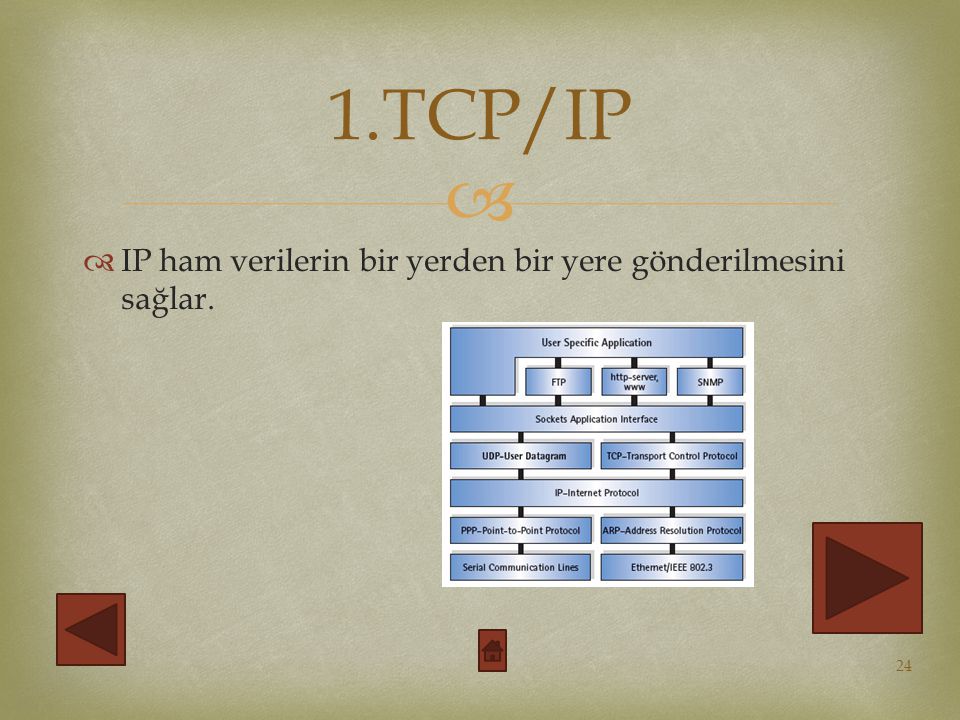 1.TCP/IP IP ham verilerin bir yerden bir yere gönderilmesini sağlar.