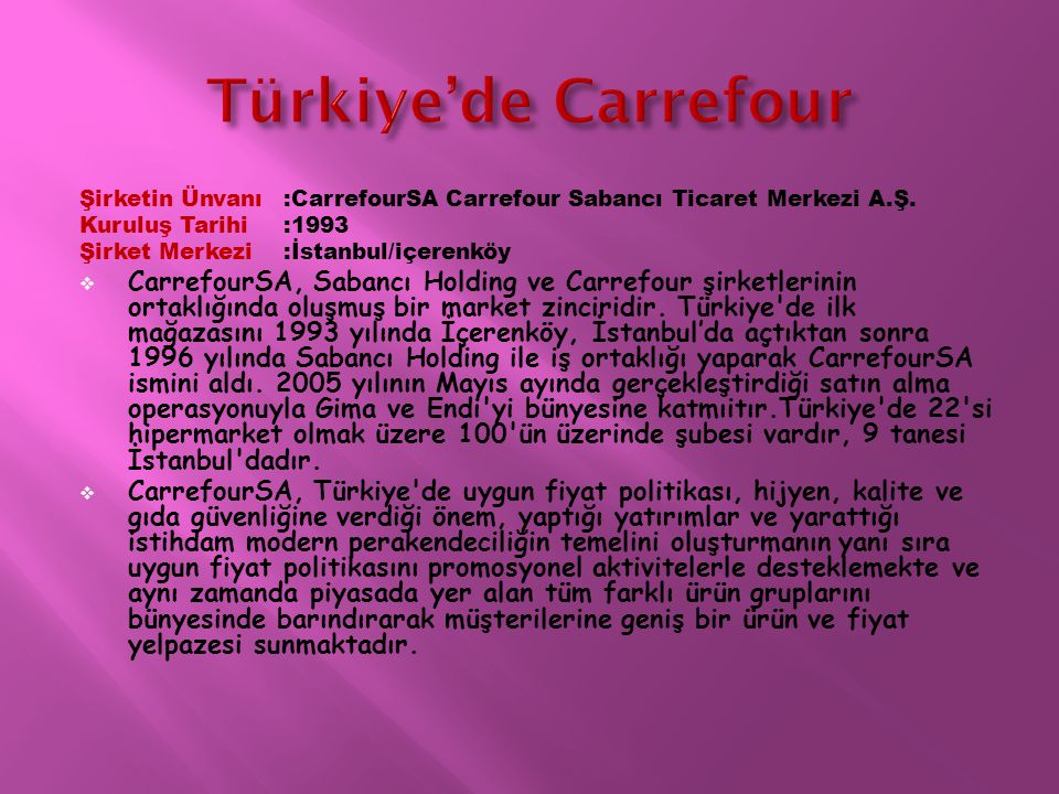 Türkiye’de Carrefour Şirketin Ünvanı :CarrefourSA Carrefour Sabancı Ticaret Merkezi A.Ş. Kuruluş Tarihi :1993.