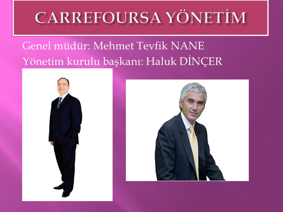 CARREFOURSA YÖNETİM Genel müdür: Mehmet Tevfik NANE Yönetim kurulu başkanı: Haluk DİNÇER