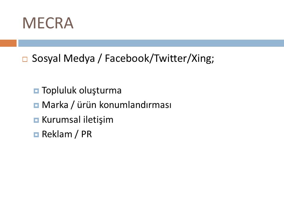 MECRA Sosyal Medya / Facebook/Twitter/Xing; Topluluk oluşturma