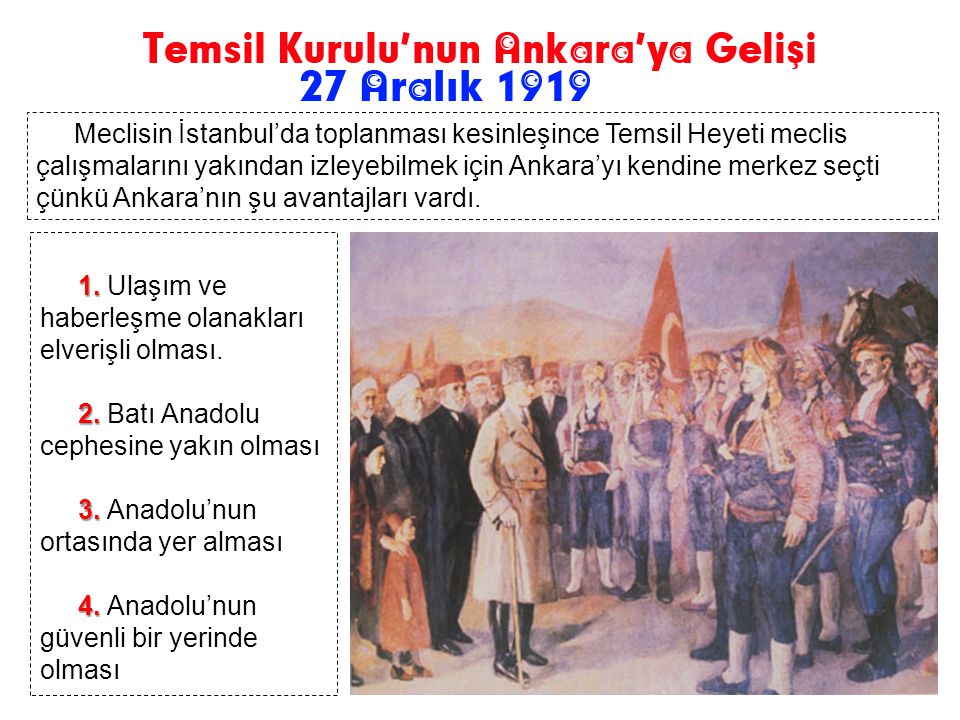 Meclisin İstanbul’da toplanması kesinleşince Temsil Heyeti meclis çalışmalarını yakından izleyebilmek için Ankara’yı kendine merkez seçti çünkü Ankara’nın şu avantajları vardı.