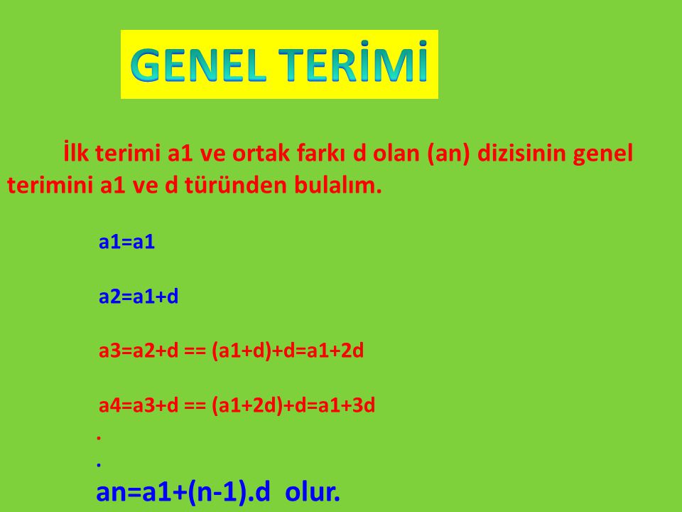 GENEL TERİMİ İlk terimi a1 ve ortak farkı d olan (an) dizisinin genel terimini a1 ve d türünden bulalım.