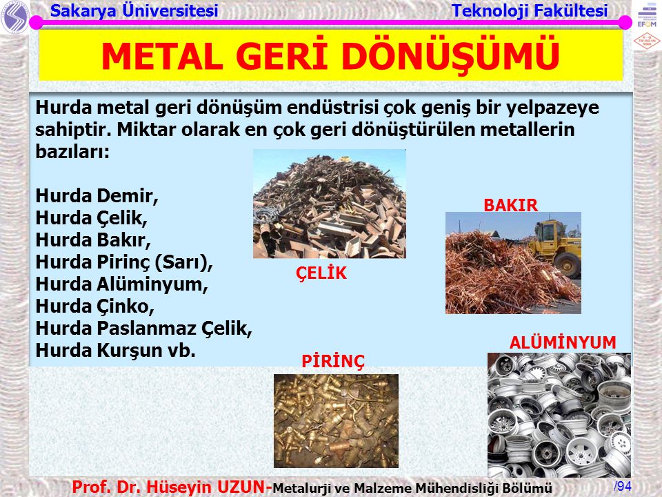METAL GERİ DÖNÜŞÜMÜ Hurda metal geri dönüşüm endüstrisi çok geniş bir yelpazeye sahiptir. Miktar olarak en çok geri dönüştürülen metallerin bazıları: