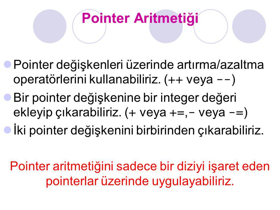 Pointer Aritmetiği Pointer değişkenleri üzerinde artırma/azaltma operatörlerini kullanabiliriz. (++ veya --)