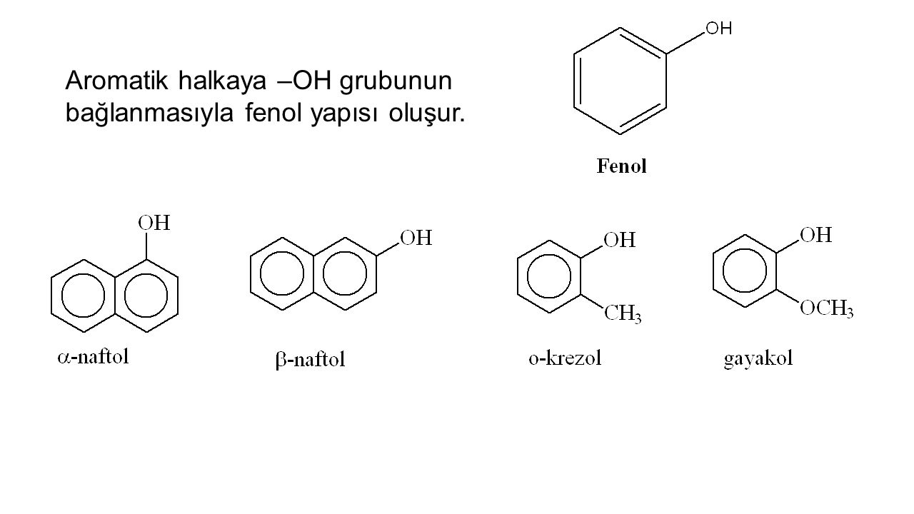 Aromatik halkaya –OH grubunun bağlanmasıyla fenol yapısı oluşur.