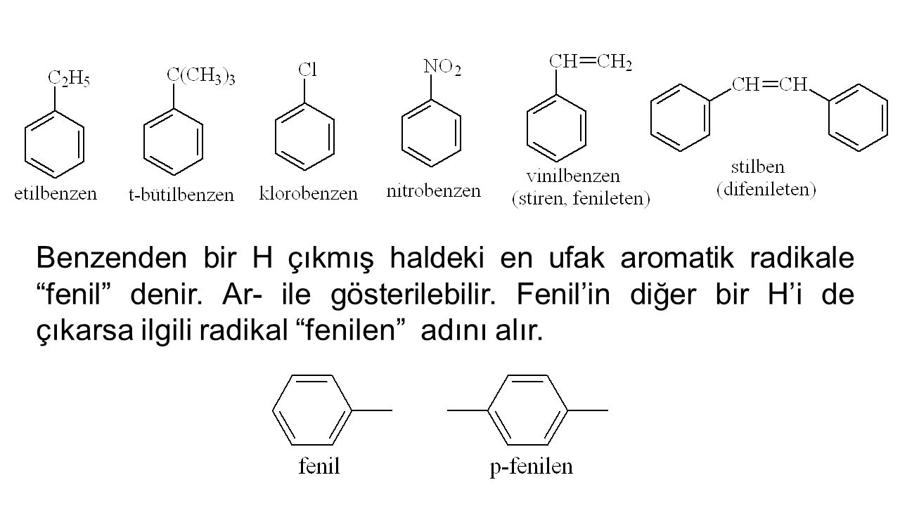Benzenden bir H çıkmış haldeki en ufak aromatik radikale fenil denir