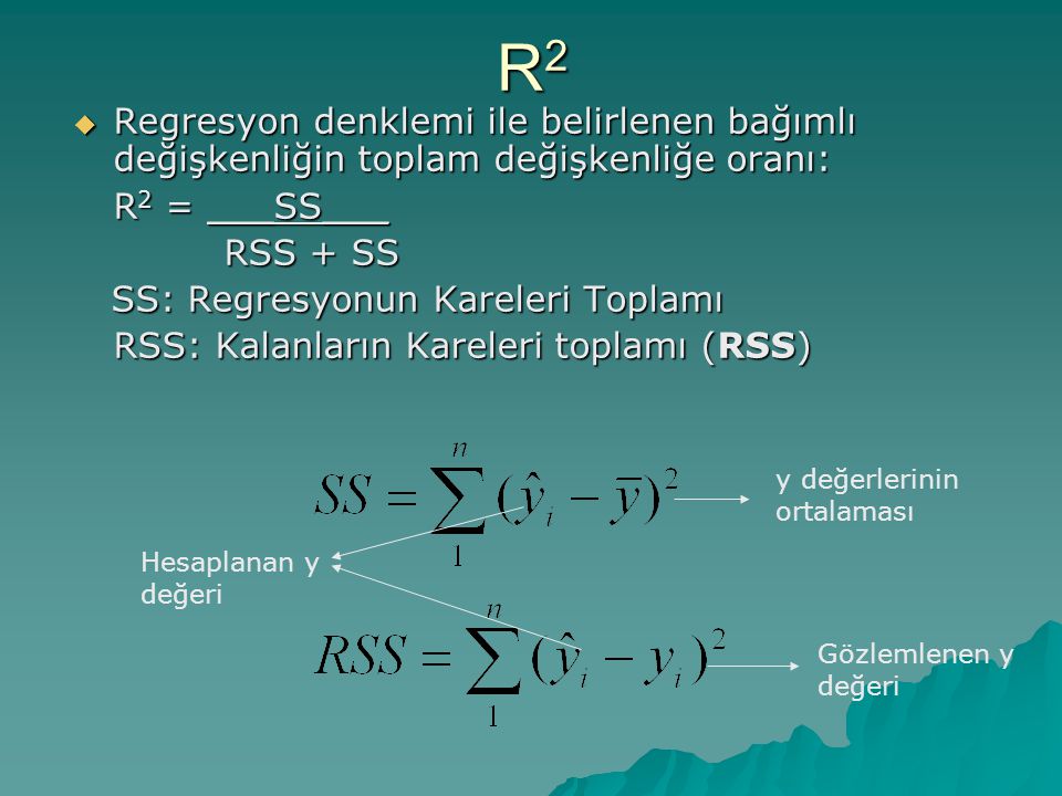 R2 Regresyon denklemi ile belirlenen bağımlı değişkenliğin toplam değişkenliğe oranı: R2 = ___SS___.