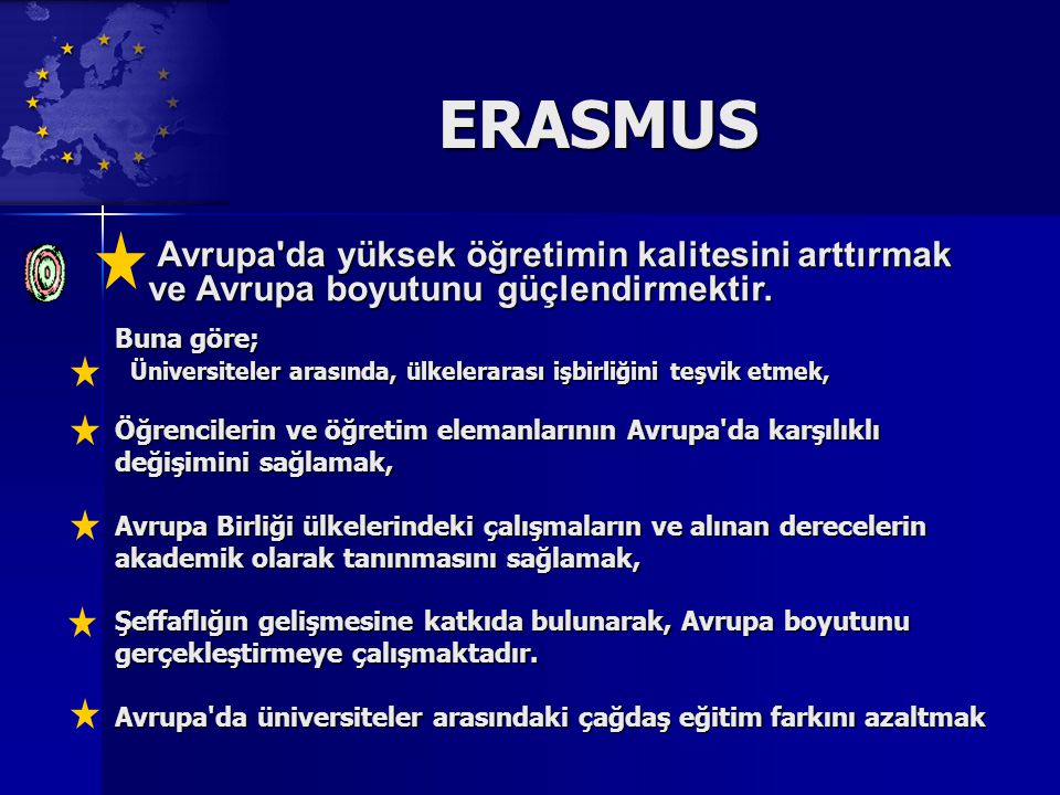 ERASMUS Avrupa da yüksek öğretimin kalitesini arttırmak ve Avrupa boyutunu güçlendirmektir.