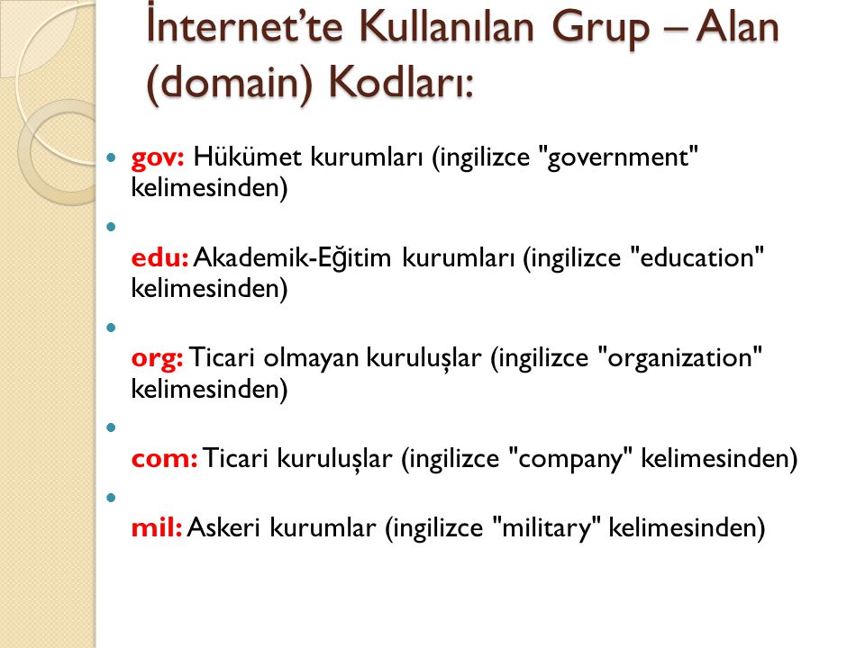 İnternet’te Kullanılan Grup – Alan (domain) Kodları: