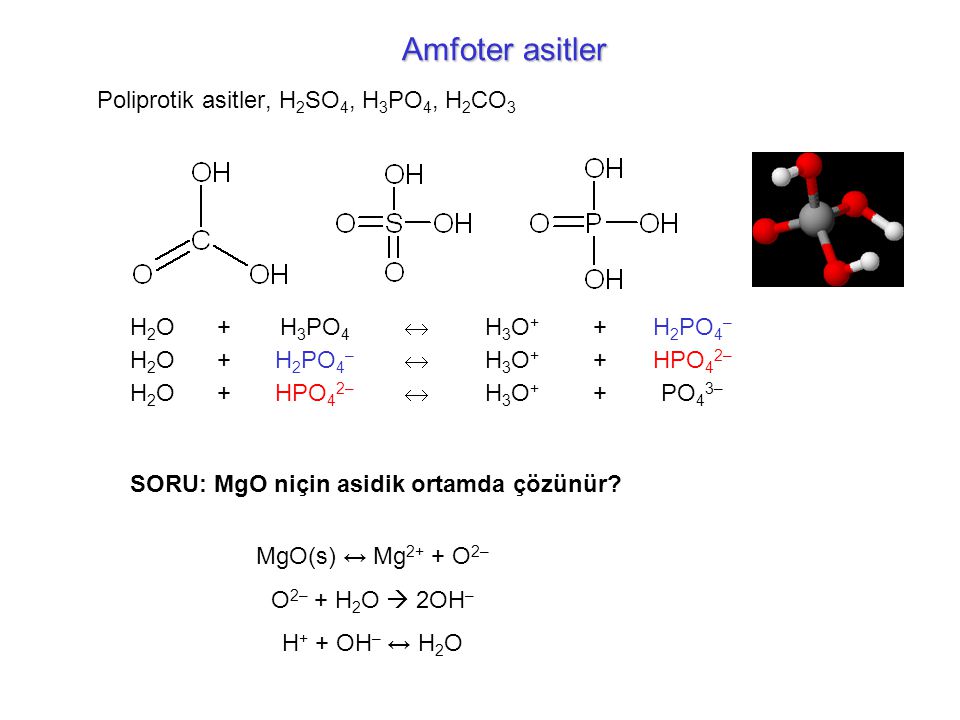 Amfoter asitler Poliprotik asitler, H2SO4, H3PO4, H2CO3 H2O + H3PO4 