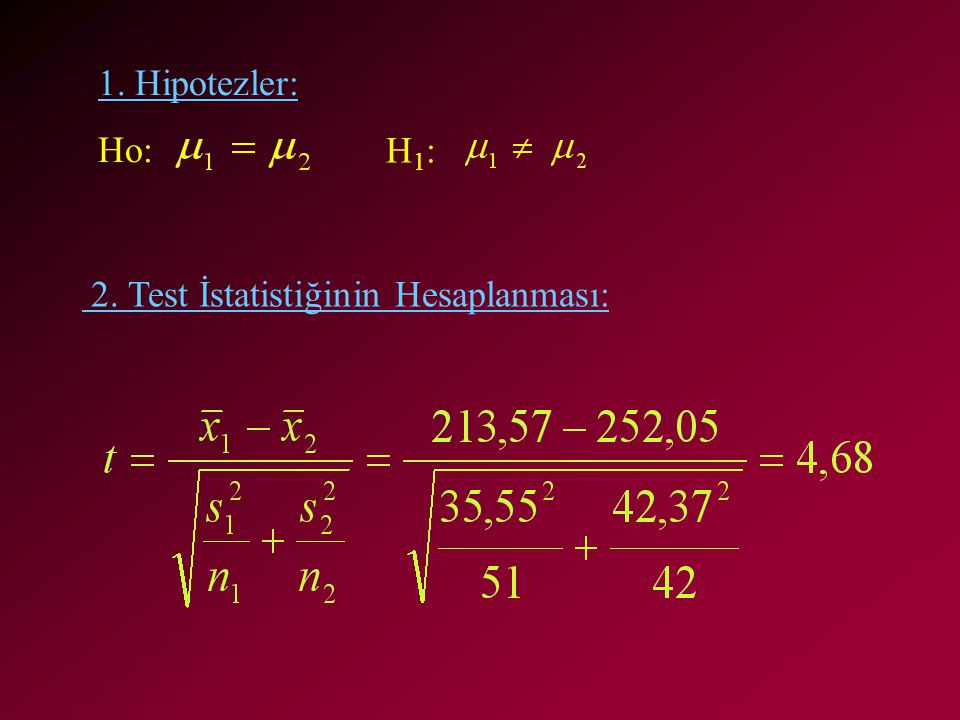 1. Hipotezler: Ho: H1: 2. Test İstatistiğinin Hesaplanması: