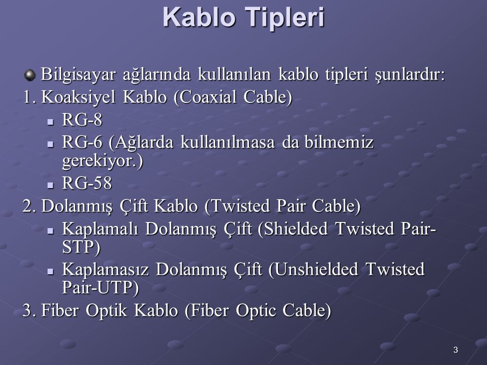 Kablo Tipleri Bilgisayar ağlarında kullanılan kablo tipleri şunlardır: