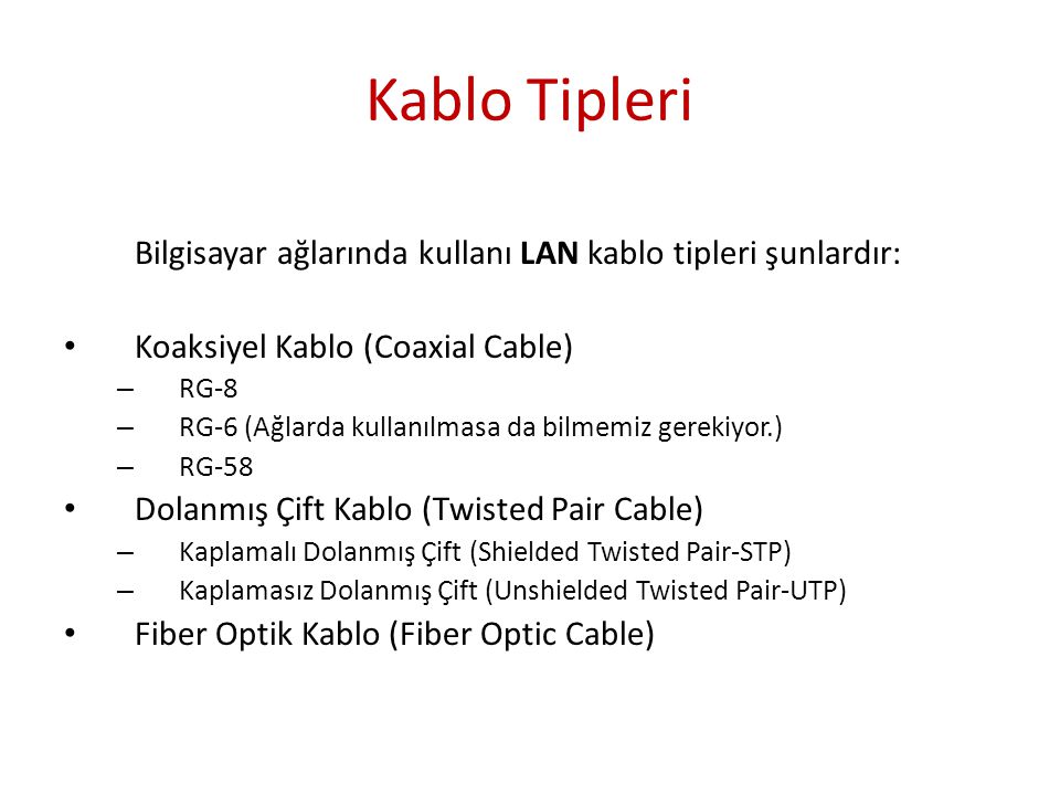 Kablo Tipleri Bilgisayar ağlarında kullanı LAN kablo tipleri şunlardır: Koaksiyel Kablo (Coaxial Cable)
