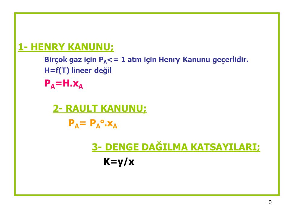 1- HENRY KANUNU; Birçok gaz için PA<= 1 atm için Henry Kanunu geçerlidir.