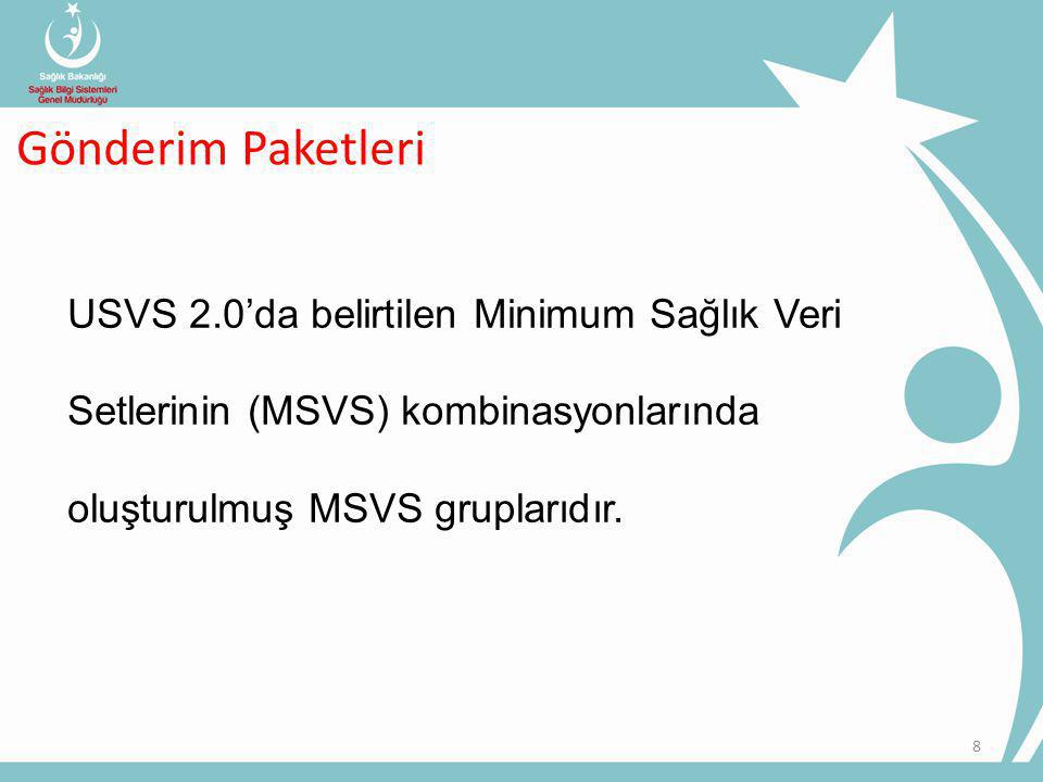 Gönderim Paketleri USVS 2.0’da belirtilen Minimum Sağlık Veri Setlerinin (MSVS) kombinasyonlarında oluşturulmuş MSVS gruplarıdır.