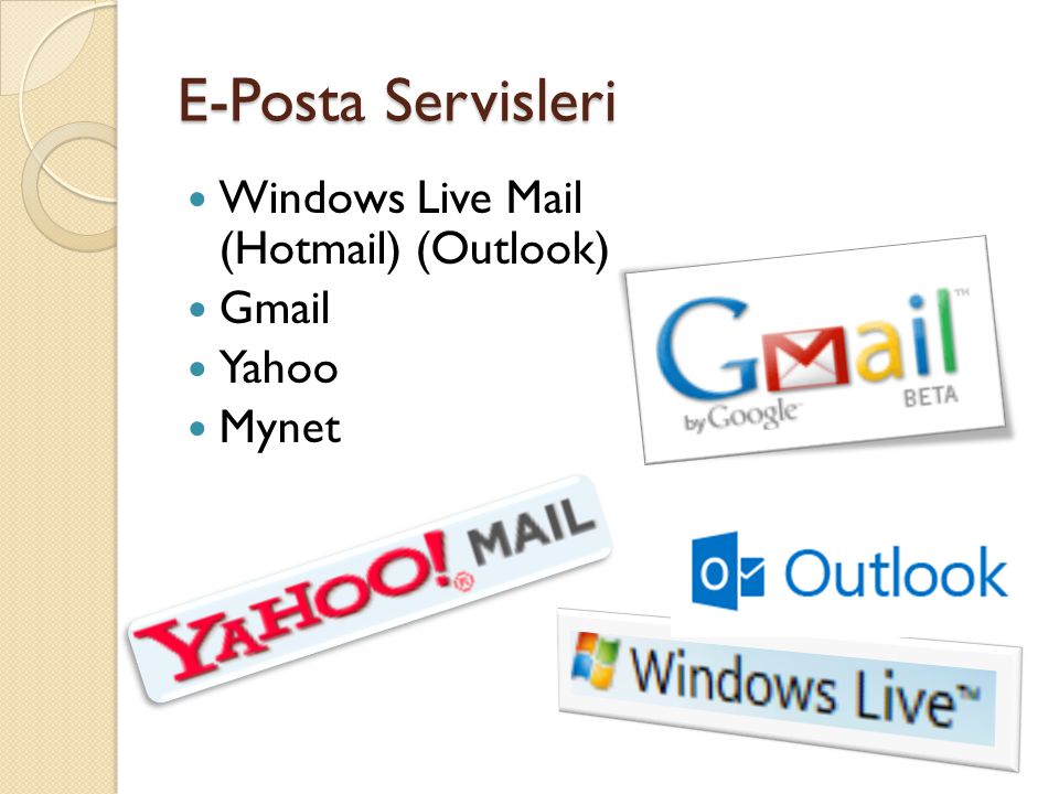 E-Posta Servisleri Windows Live Mail (Hotmail) (Outlook) Gmail Yahoo