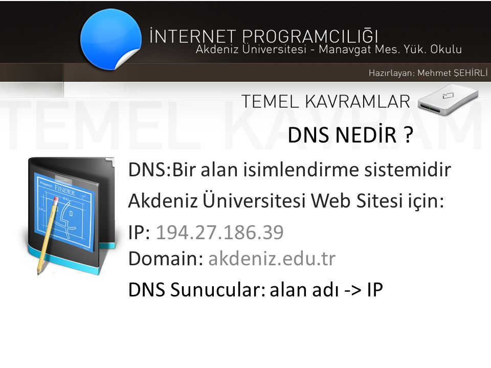 DNS NEDİR DNS:Bir alan isimlendirme sistemidir
