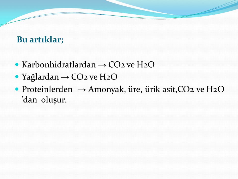 Bu artıklar; Karbonhidratlardan → CO2 ve H2O. Yağlardan → CO2 ve H2O.