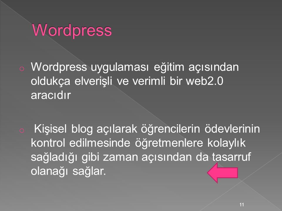 Wordpress Wordpress uygulaması eğitim açısından oldukça elverişli ve verimli bir web2.0 aracıdır.
