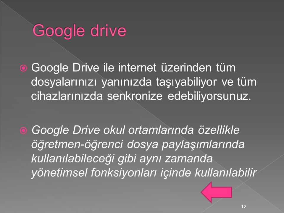 Google drive Google Drive ile internet üzerinden tüm dosyalarınızı yanınızda taşıyabiliyor ve tüm cihazlarınızda senkronize edebiliyorsunuz.