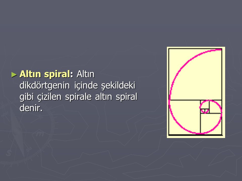 Altın spiral: Altın dikdörtgenin içinde şekildeki gibi çizilen spirale altın spiral denir.