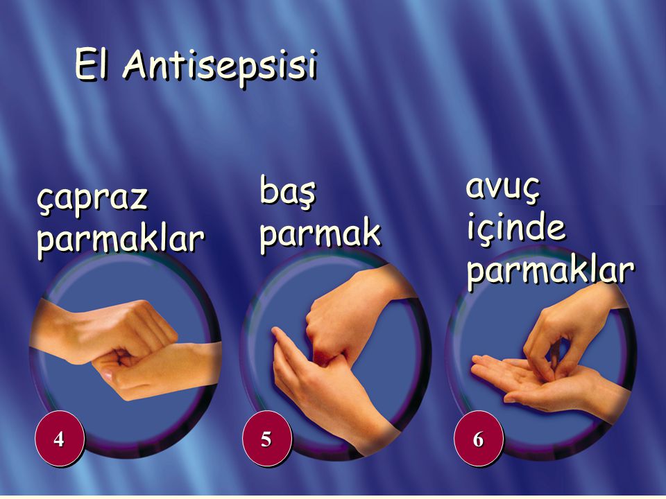El Antisepsisi avuç içinde parmaklar baş parmak çapraz parmaklar 4 5 6