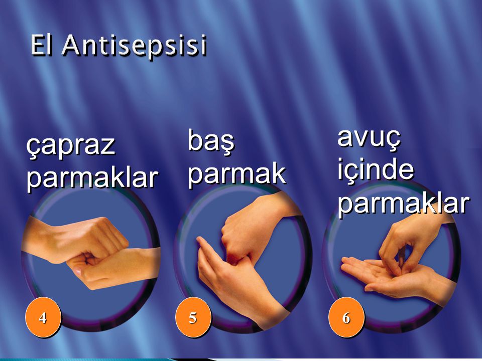 El Antisepsisi avuç içinde parmaklar baş parmak çapraz parmaklar 4 5 6