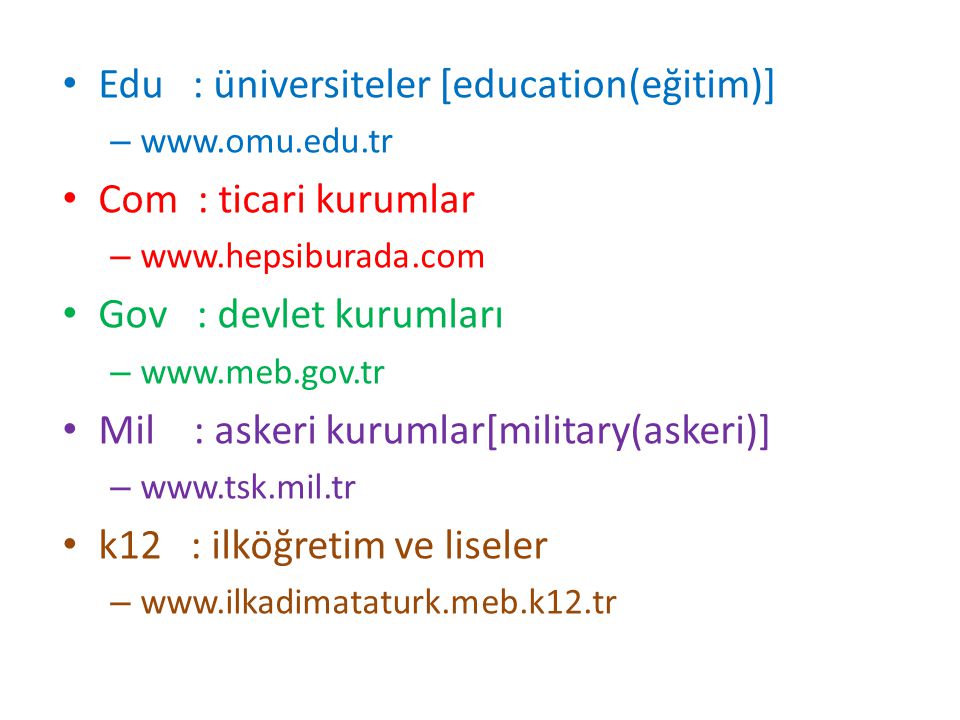 Edu : üniversiteler [education(eğitim)] Com : ticari kurumlar