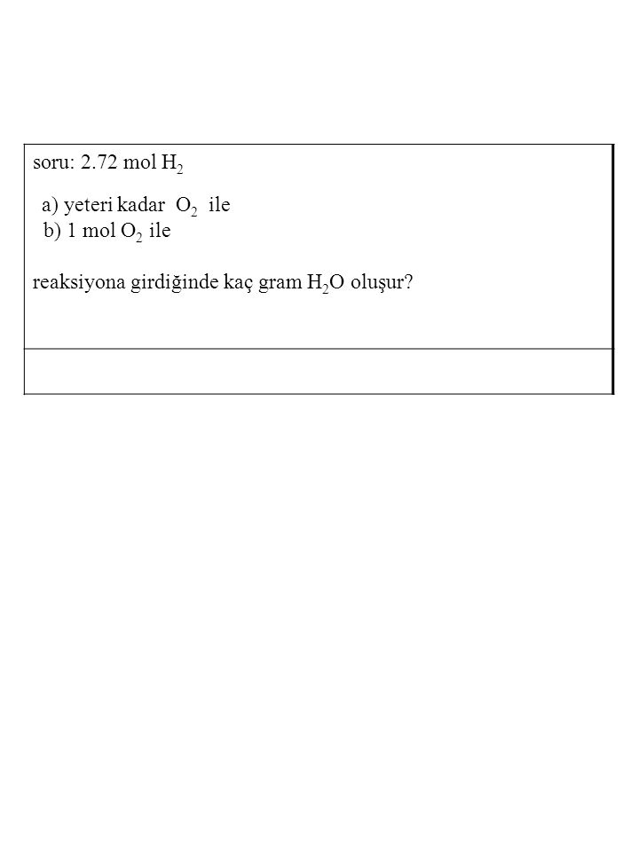 soru: 2.72 mol H2 a) yeteri kadar O2 ile. b) 1 mol O2 ile.