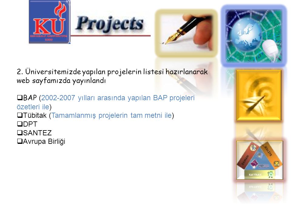 2. Üniversitemizde yapılan projelerin listesi hazırlanarak web sayfamızda yayınlandı