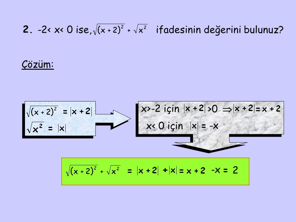 2. -2< x< 0 ise, ifadesinin değerini bulunuz Çözüm: x>-2 için. >0.  = = x< 0 için. = -x.