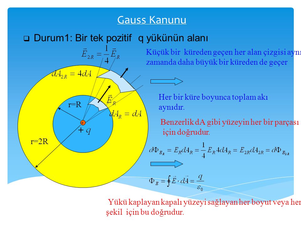 Gauss Kanunu Durum1: Bir tek pozitif q yükünün alanı. Küçük bir küreden geçen her alan çizgisi aynı zamanda daha büyük bir küreden de geçer.