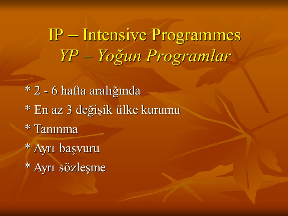 IP – Intensive Programmes YP – Yoğun Programlar