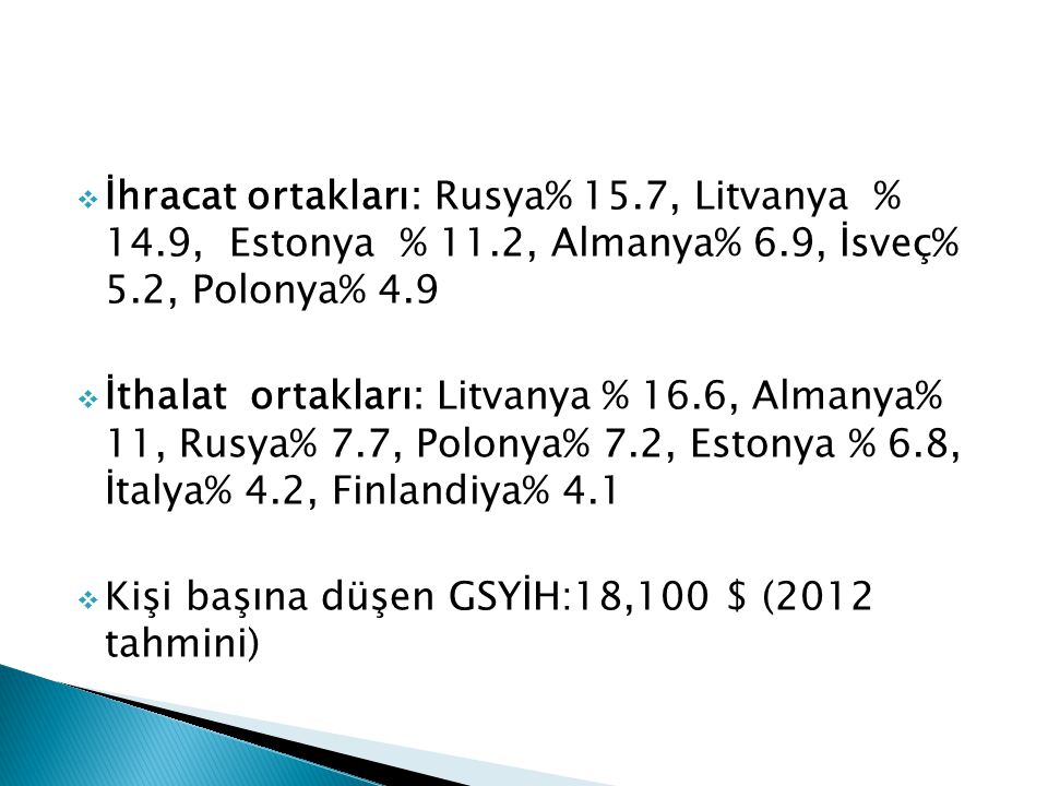 İhracat ortakları: Rusya% 15. 7, Litvanya % 14. 9, Estonya % 11