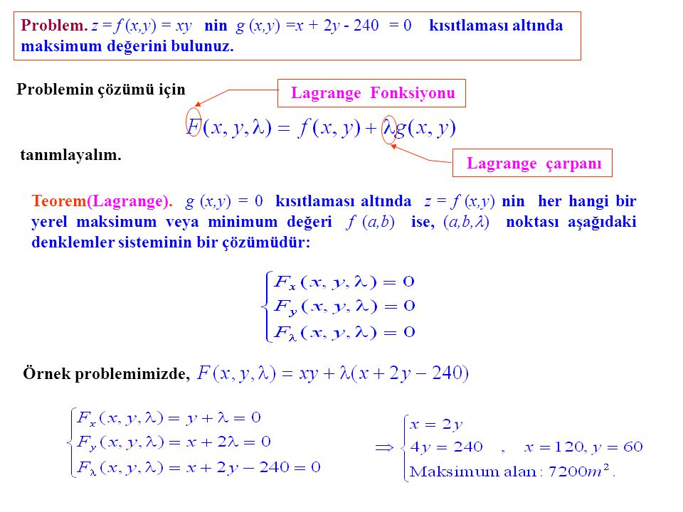 Problem. z = f (x,y) = xy nin g (x,y) =x + 2y = 0 kısıtlaması altında maksimum değerini bulunuz.