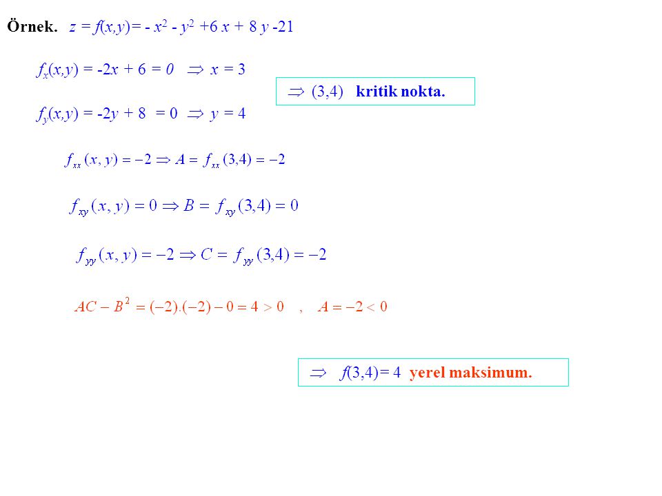Örnek. z = f(x,y)= - x2 - y2 +6 x + 8 y -21