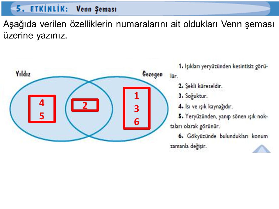 Aşağıda verilen özelliklerin numaralarını ait oldukları Venn şeması üzerine yazınız.