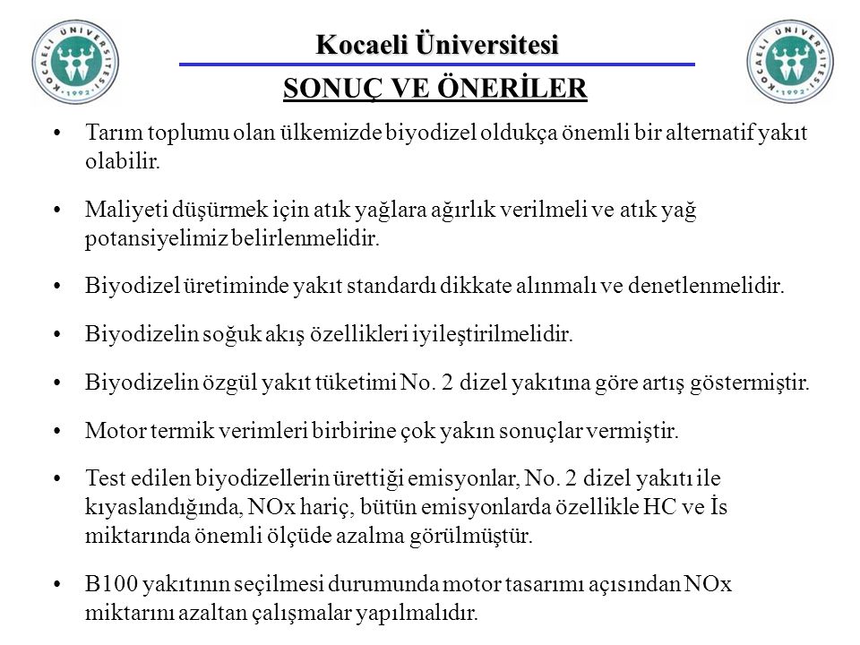 Kocaeli Üniversitesi SONUÇ VE ÖNERİLER