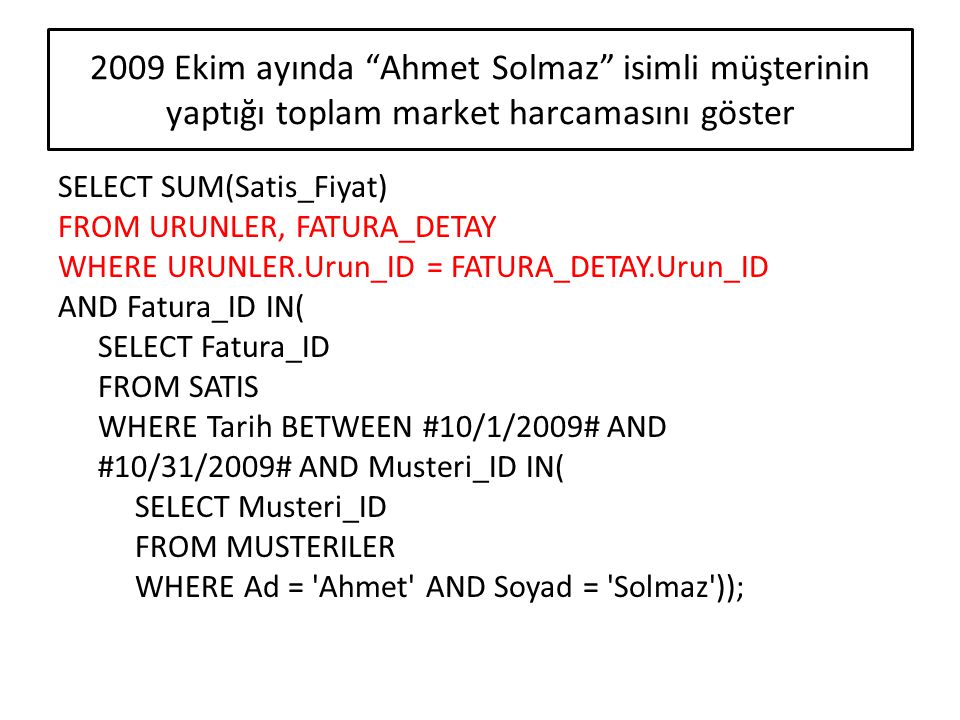 2009 Ekim ayında Ahmet Solmaz isimli müşterinin yaptığı toplam market harcamasını göster
